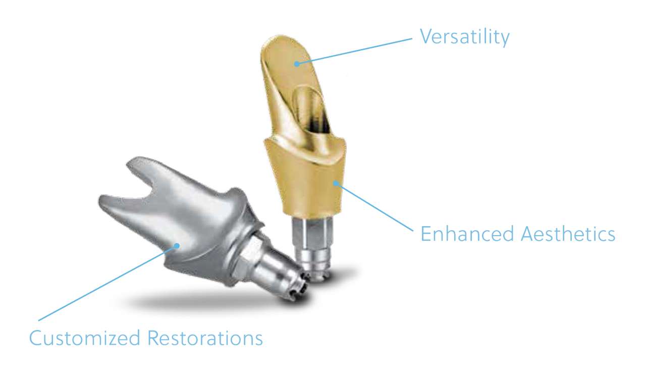 BellaTek CAD/CAM Custom Abutments for Dental Restorations Two BellaTek CAD/CAM custom dental abutments, highlighting their key features. The silver abutment is labeled "Customized Restorations," while the gold-colored abutment points to "Versatility" and "Enhanced Aesthetics," illustrating the precision and aesthetic benefits of ZimVie's digital workflow solutions for dental implant cases.